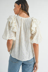 MABLE Women's Eyelet Lace Ruffle Shoulder Puff Sleeve Blouse